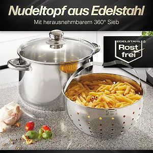 Кастрюля Beyond из нержавеющей стали со стеклянной крышкой и съемной вставкой-ситом synthetic.ua - Фото 1