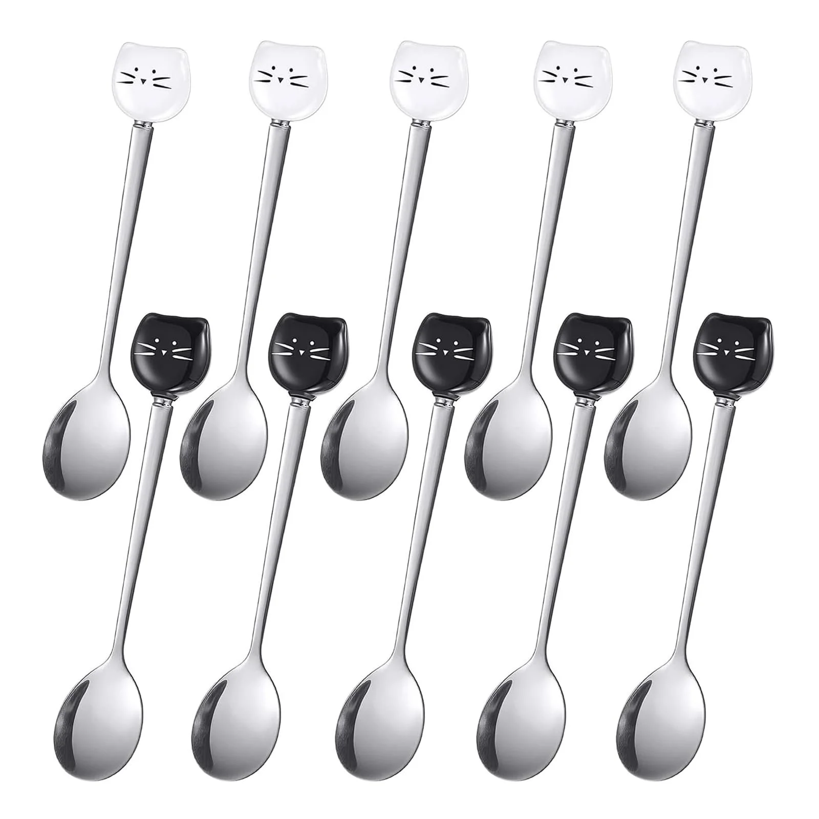Кофейная ложка Голова, Набор 10 штук, Ложки для кошачьего корма, ложка из нержавеющей стали, ложка для влажного корма, Тонко полированная ложка для мороженого, Чайная ложка для размешивания сахара (Черный, Белый), фото №1