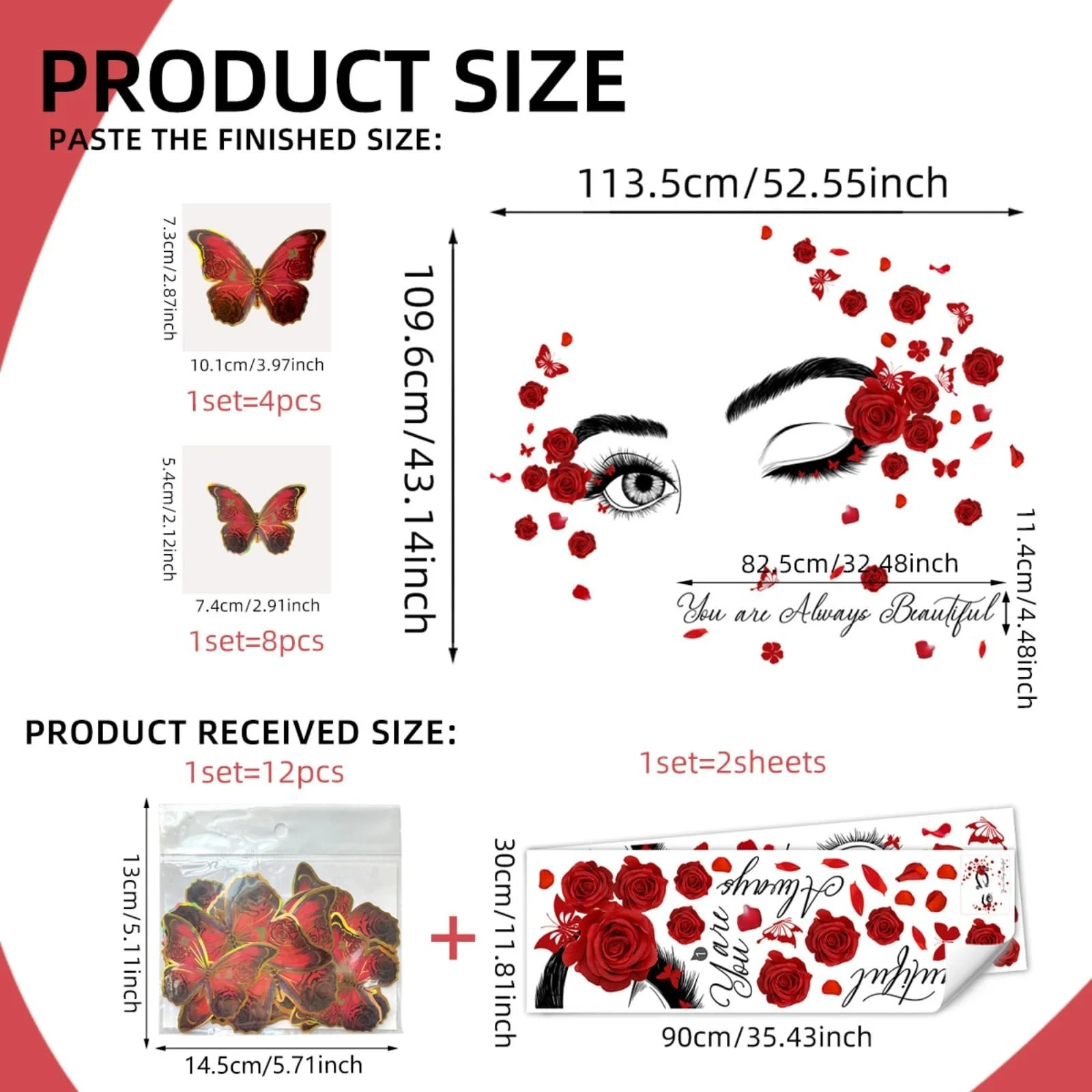 Вдохновляющая наклейка на стену Лицо и глаза красивой женщины 12 шт. 3D Бабочек 30 x 90 см, фото №7