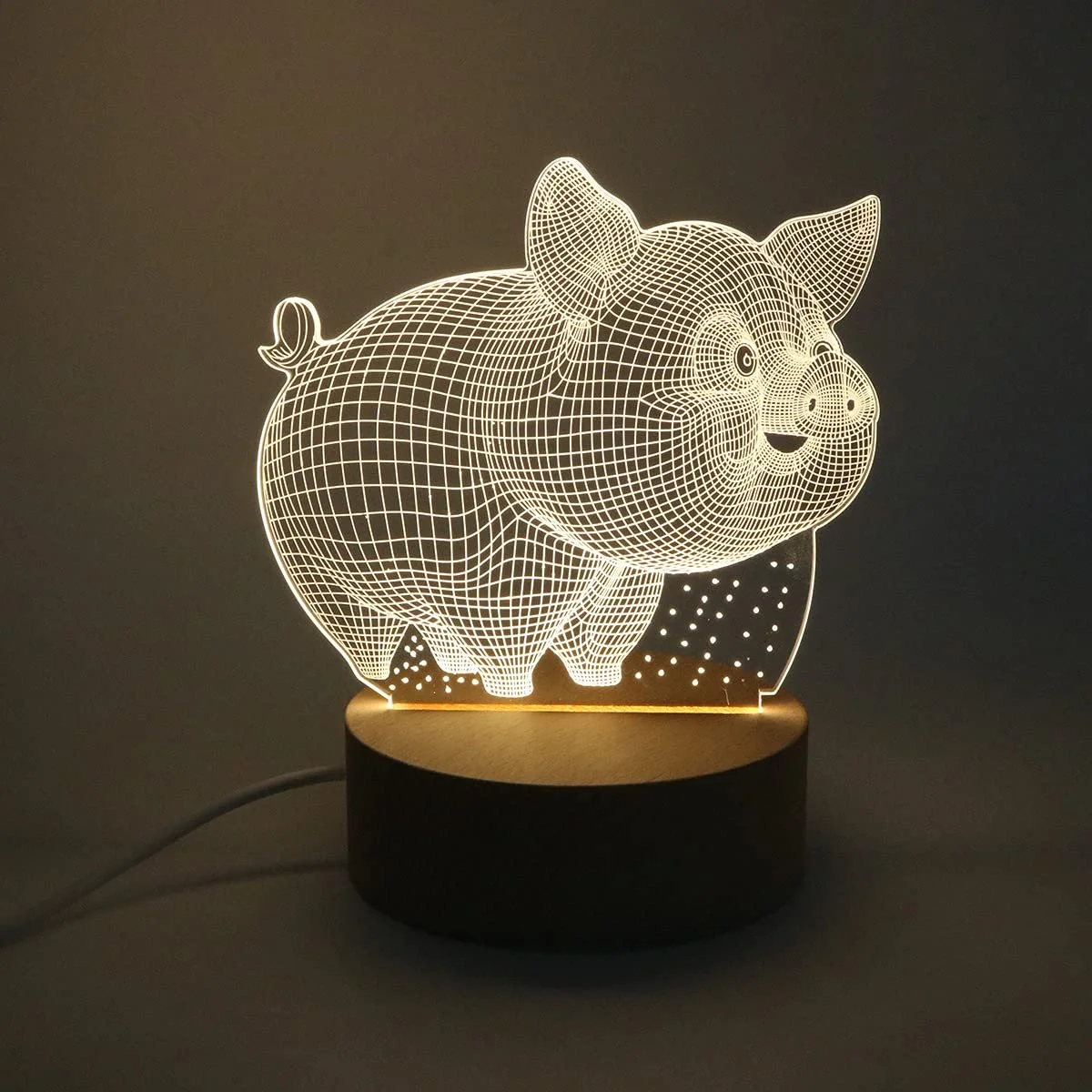 Настільна світлодіодна лампа нічник 3D Abstract Pig з дерев'яною основою Теплий жовтий, фото №1