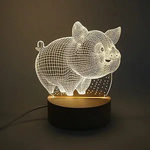 Настільна світлодіодна лампа нічник 3D Abstract Pig з дерев'яною основою Теплий жовтий - Фото 1