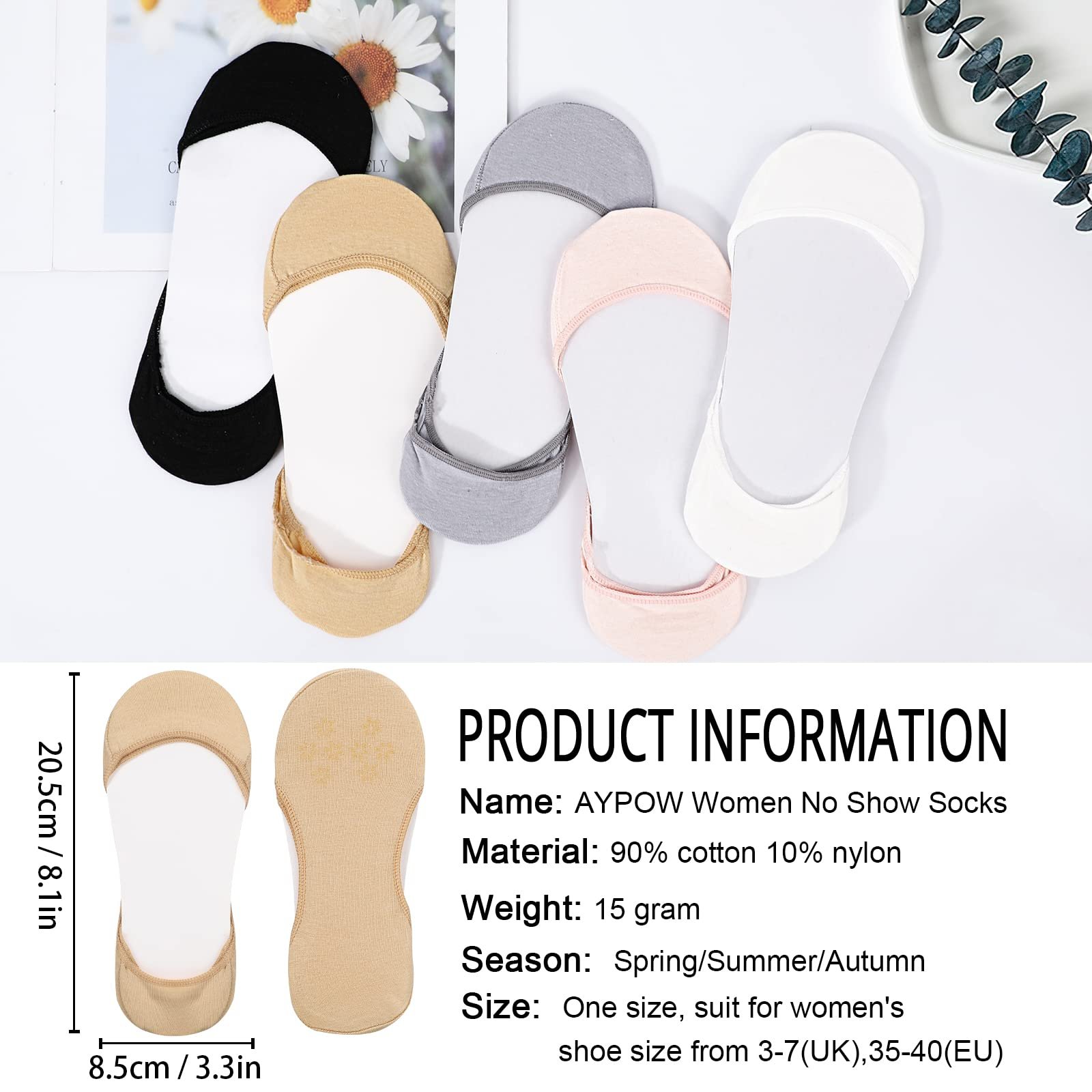 Носки Женские Невидимые для Туфель на Каблуках, Хлопковые Ультра Низкие Носки-Подкладки Невидимые, Мягкие Носки, Носки-Балетки, Носки для Кроссовок с Нескользящим Силиконом для Лоферов (6 пар), фото №2