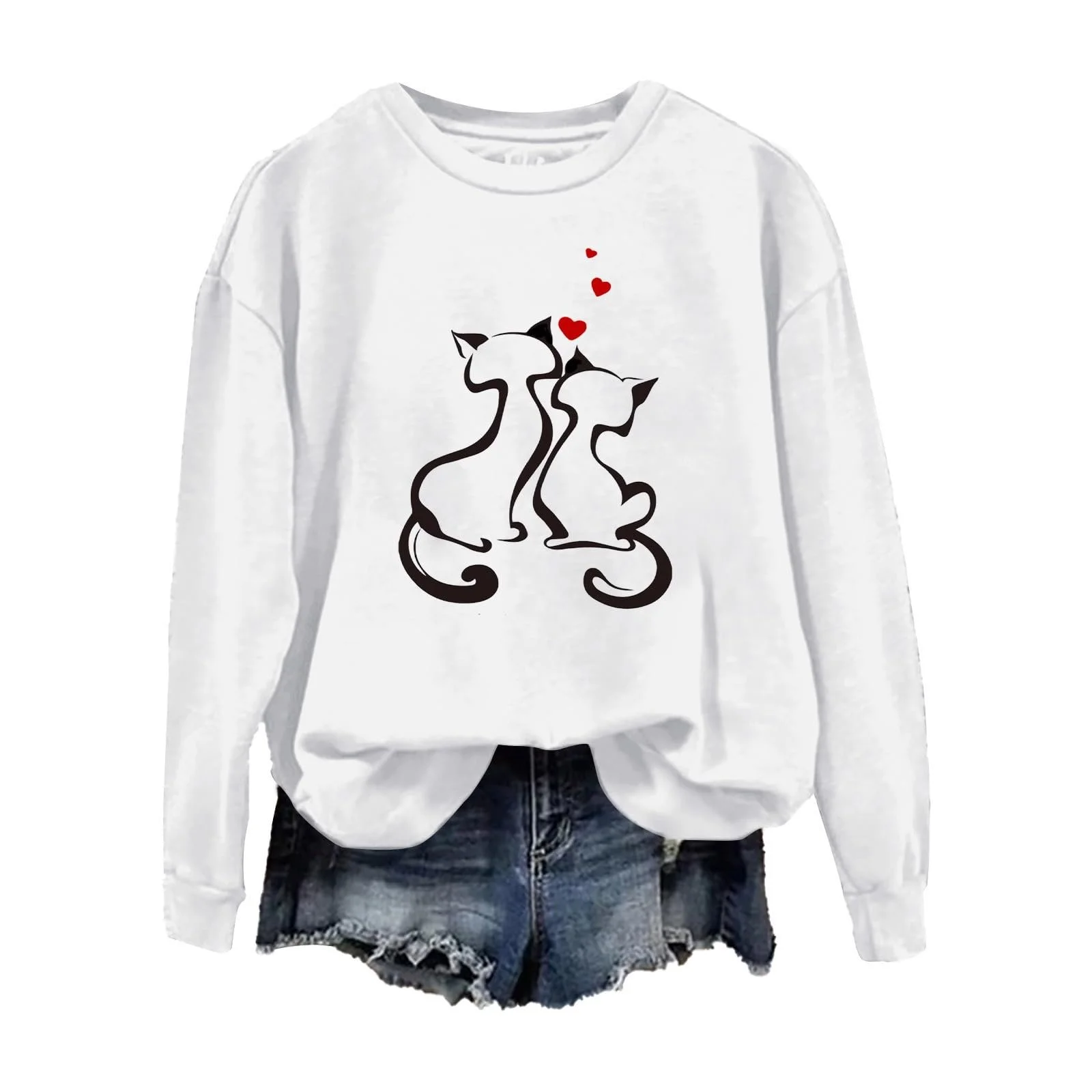 Свитшот Женский Valentine Heart 2025 Cute Cat с принтом, длинными рукавами, легкий, с круглым вырезом, пуловер, осенний, фото №1