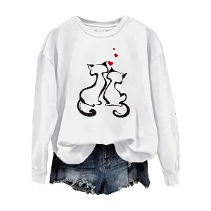Свитшот Женский Valentine Heart 2025 Cute Cat с принтом, длинными рукавами, легкий, с круглым вырезом, пуловер, осенний - Фото 1