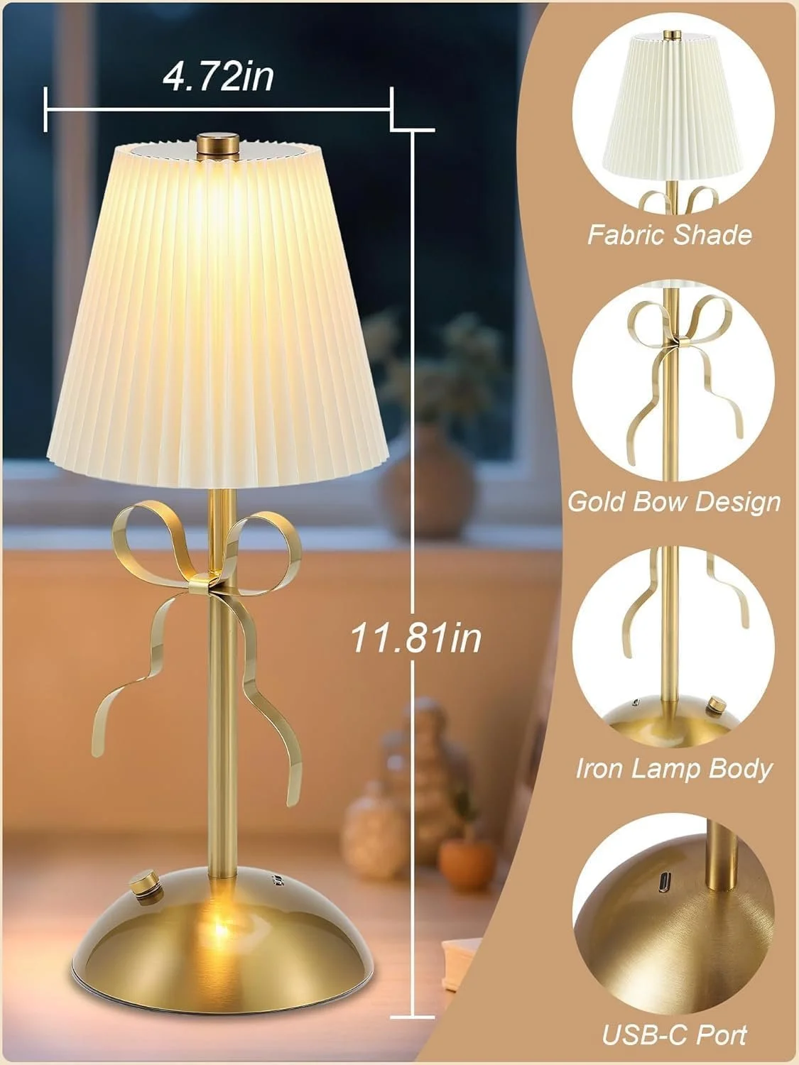 Настільна лампа Vintage Portable Wireless LED 3 Colours Dimmable Gold, фото №6