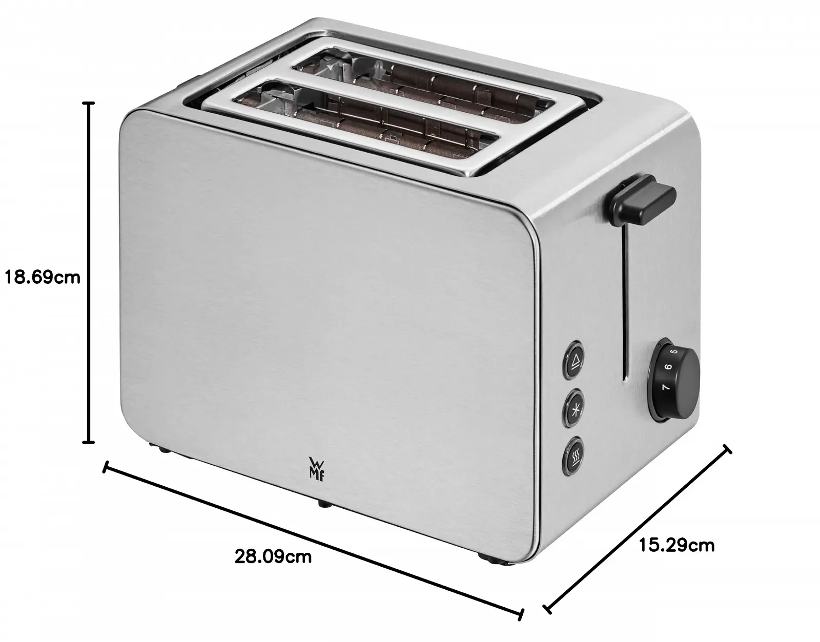 Тостер WMF Stelio 2 скибочки Нержавіюча сталь, подвійний слот з насадкою для булочок, функція для бейглів, 7 рівнів підсмажування, 900 Вт, нержавіюча сталь матовий сріблястий, фото №16