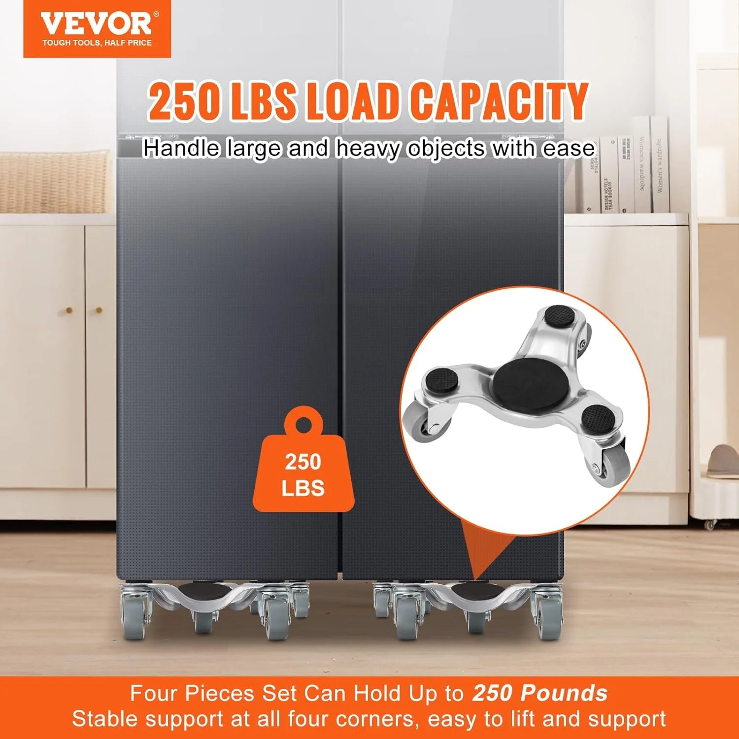 Набір меблевих візків-триног VEVOR JYS-135 / 4 шт. в комплекті / Загальна вантажопідйомність 114 кг / 360° поворотні колеса PP / Міцна вуглецева сталь / Сірі, фото №3 Набір меблевих візків-триног VEVOR JYS-135 / 4 шт. в комплекті / Загальна вантажопідйомність 114 кг / 360° поворотні колеса PP / Міцна вуглецева сталь / Сірі, фото №3