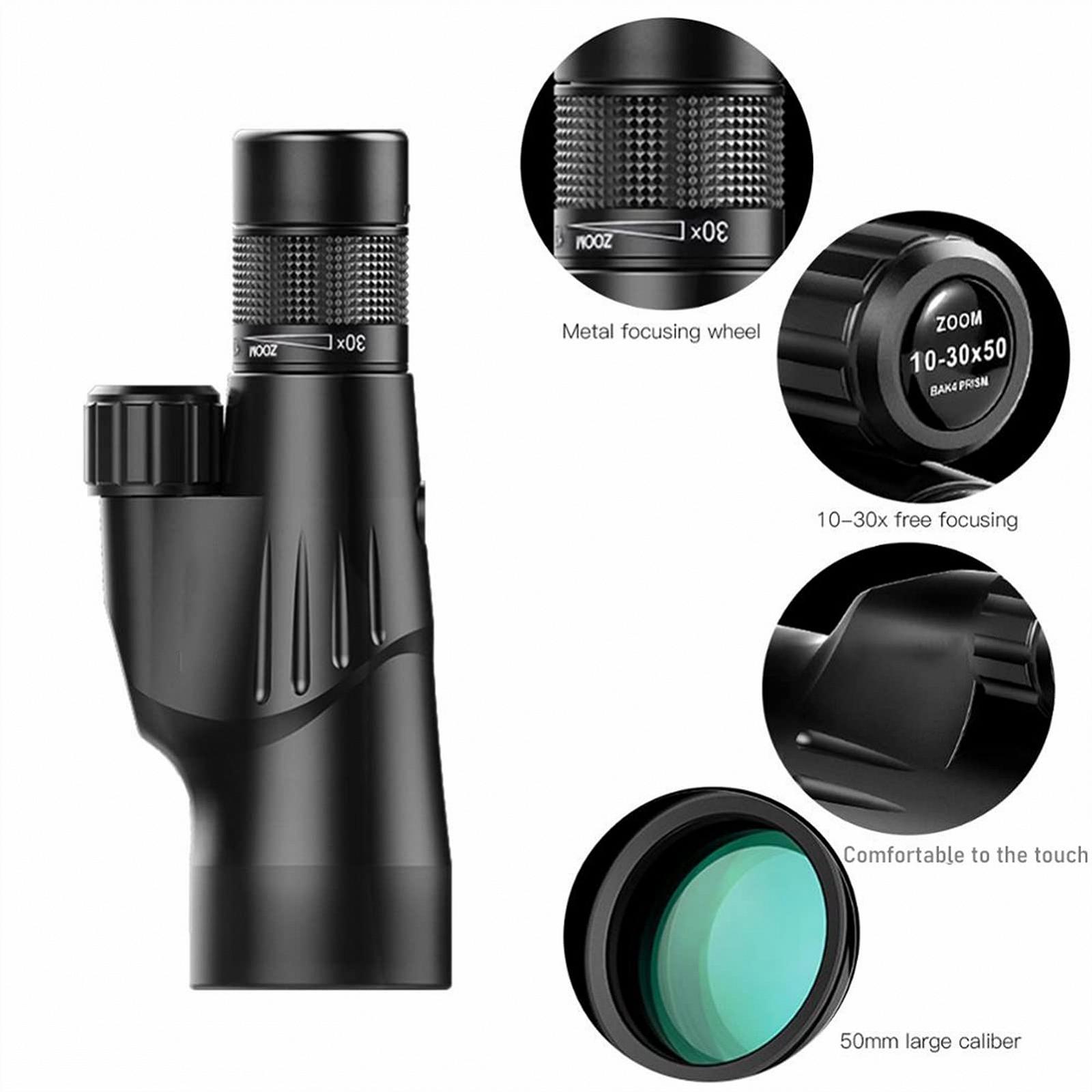 Монокуляр Portable 10-30x50 HD монокуляром з треногою та серветкою для очищення лінзи, Супер Зум, Одноручний низьке світлове бачення, фото №6