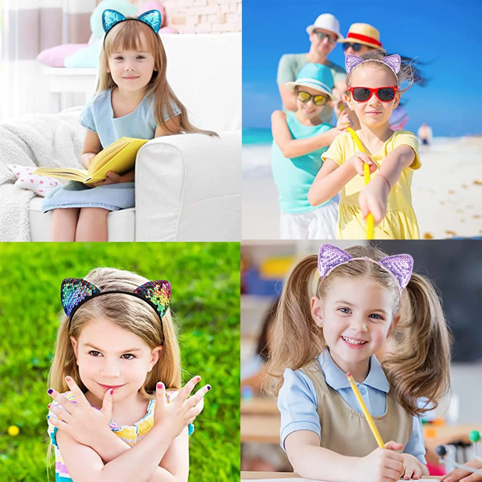 Обруч Вушка кота з блискітками, Набір з 8 штук, фото №3 Обруч Вушка кота з блискітками, Набір з 8 штук, фото №3