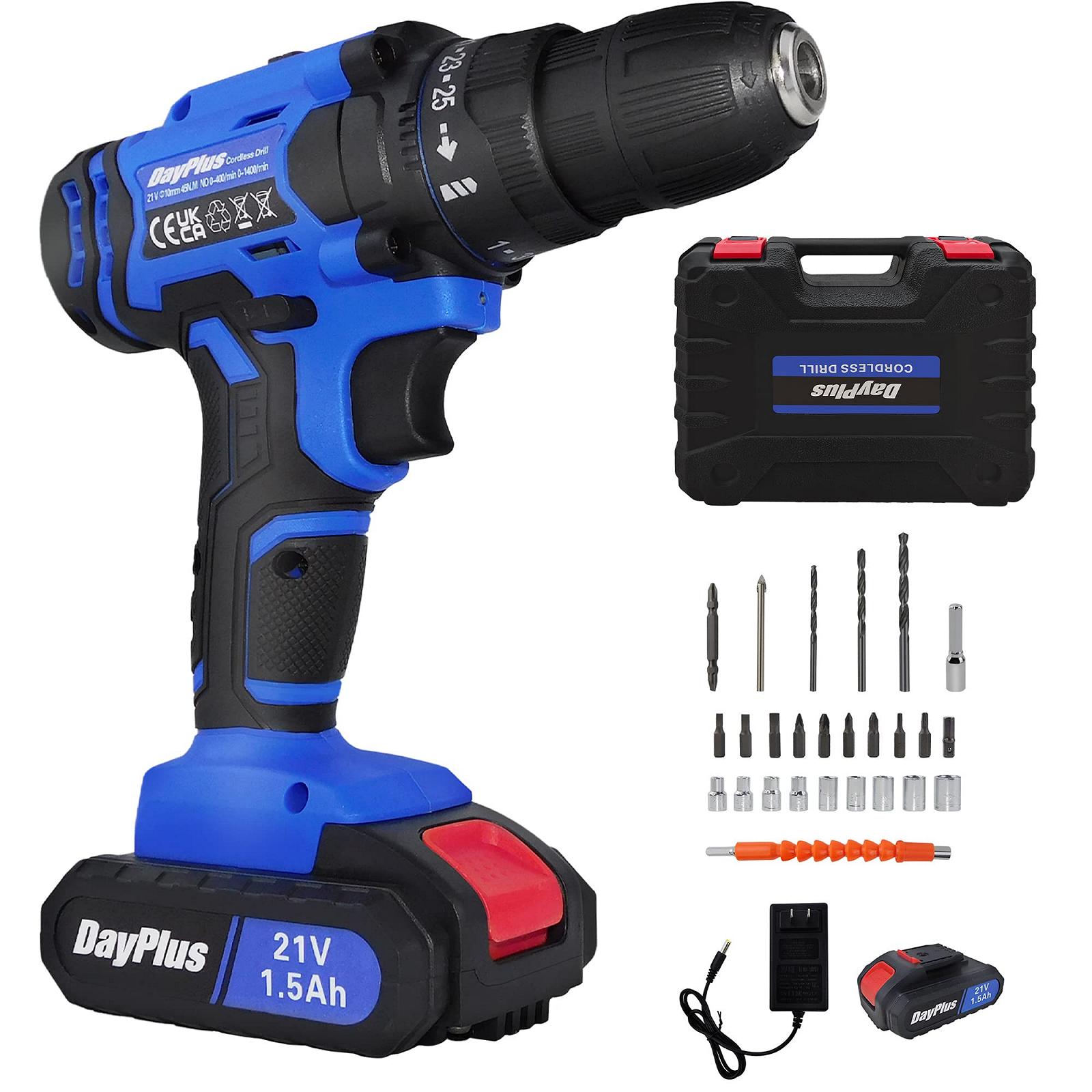 Шуруповерт 21 В 1.5 Ач 45 Нм 25+1 уровня крутящего момента 2-скоростной 10 мм с LED подсветкой с 26 аксессуарами с кейсом, фото №1