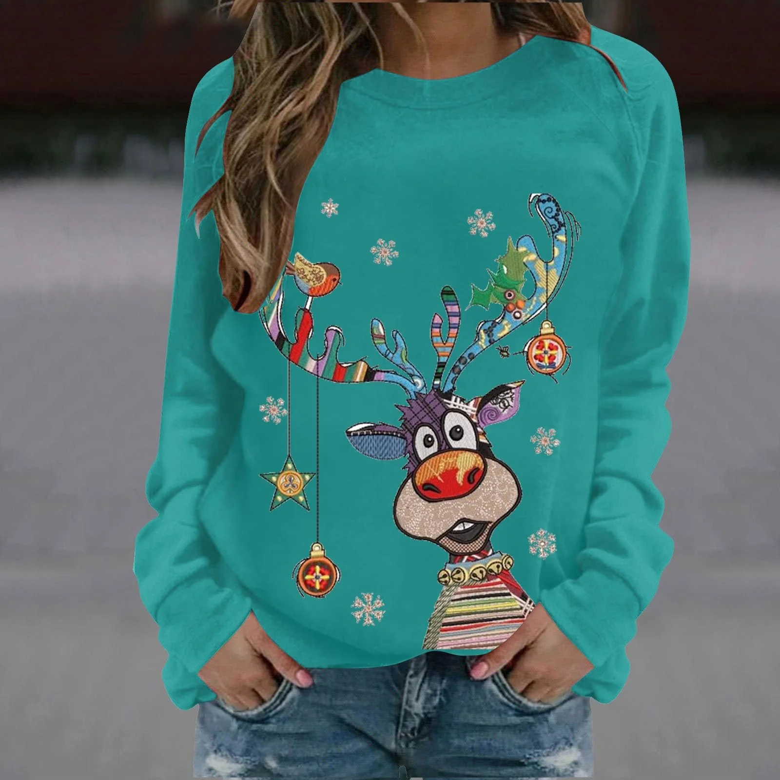 Женский свитшот с рождественским принтом Рождественский джемпер, смешной графический круглый вырез, распродажа, уродливый рождественский зимний джемпер, рукава реглан и длинные рукава, фото №2