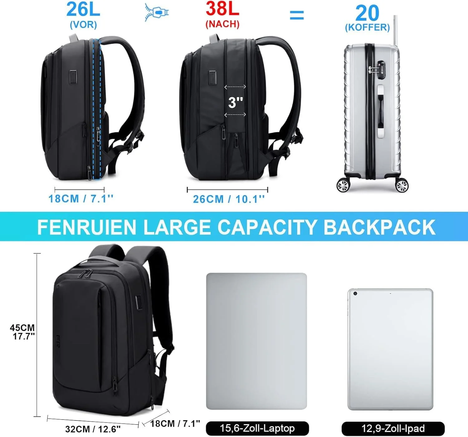 Рюкзак для ноутбука FENRUIEN 15.6 дюймов 26-38 л Расширяемый с USB Черный, фото №2 Рюкзак для ноутбука FENRUIEN 15.6 дюймов 26-38 л Расширяемый с USB Черный, фото №2