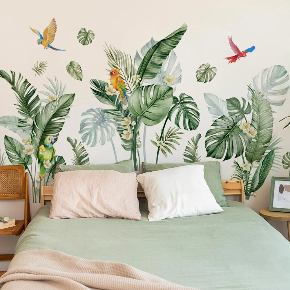 Наклейка на стіну milaosk Пальмове листя та папуги тропічні рослини самоклеюча, фото №5
