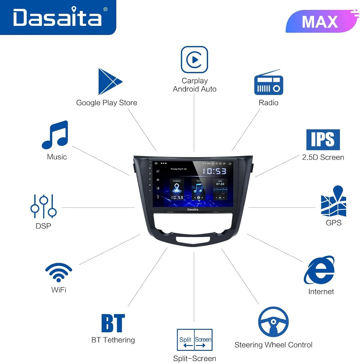 Штатная автомагнитола Dasaita HA5225 для Nissan X-Trail Qashqai Rogue 2014-2020/10" / Сенсорная / 4/64Гб / Apple CarPlay / Android Auto / Bluetooth / WI-FI / GPS / USB / AUX, фото №5