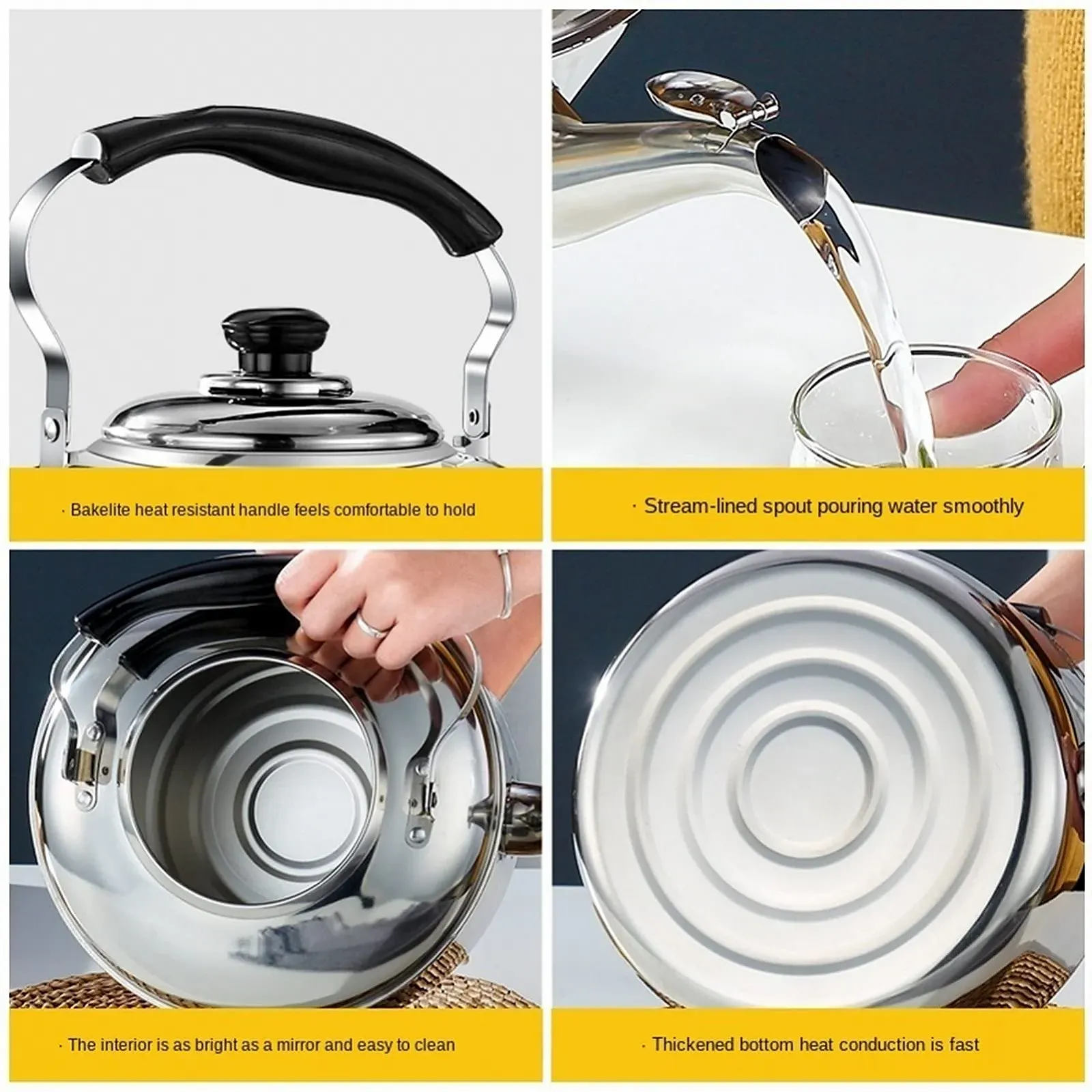 Чайник з нержавіючої сталі з потовщеним свистком, для газової побутової плити, індукційної плити, 4 л, фото №4 Чайник з нержавіючої сталі з потовщеним свистком, для газової побутової плити, індукційної плити, 4 л, фото №4