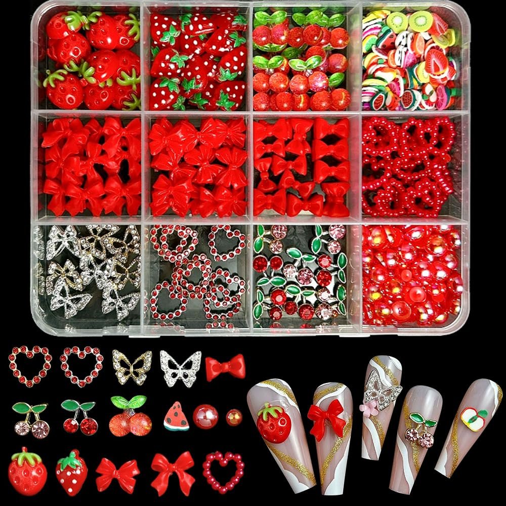 3D Украшения для ногтей Клубника Вишня Бантик Сердце Бабочка Аксессуары для ногтей Красный, фото №3