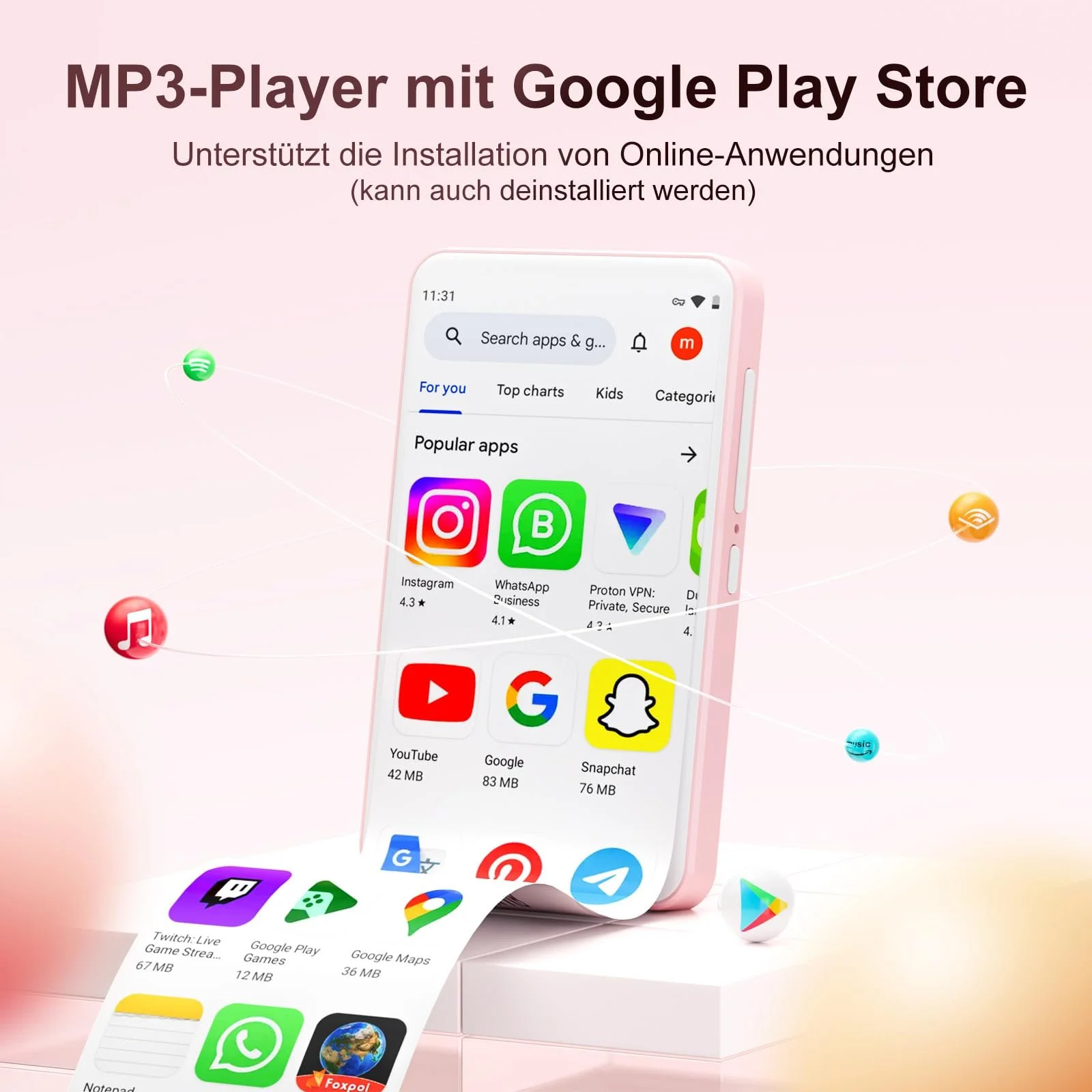MP3 плеер Oilsky 80GB Bluetooth, WiFi, 4 дюйма, 1080P, сенсорный экран, розовый, фото №3