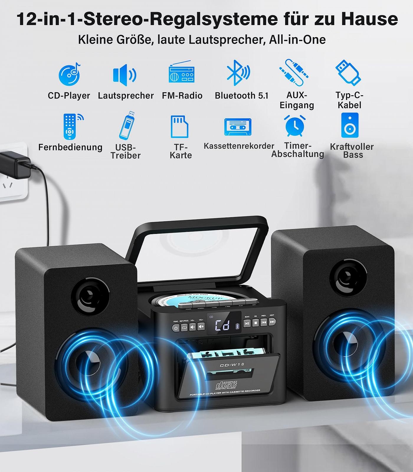 Стереосистема Greadio з CD-програвачем і касетним магнітофоном, динамік 40 Вт, Bluetooth 5.1, компактна з FM-радіо/USB/TF/AUX/дистанційним керуванням, HiFi музична система Чорний, фото №2