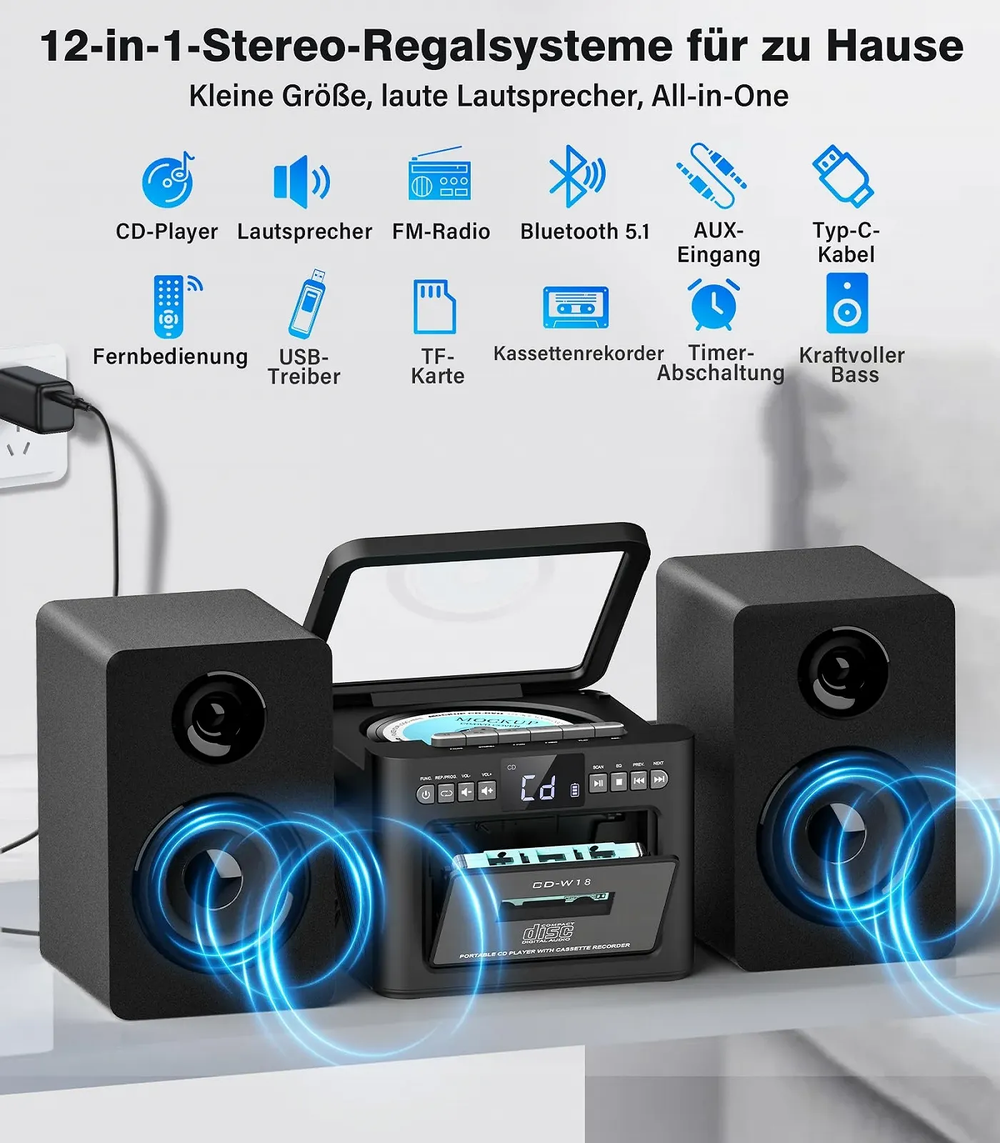 Стереосистема Greadio с CD-плеером и кассетным магнитофоном, динамик 40 Вт, Bluetooth 5.1, компактная с FM-радио/USB/TF/AUX/дистанционным управлением, HiFi музыкальная система Черный, фото №2