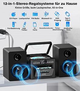 Стереосистема Greadio з CD-програвачем і касетним магнітофоном, динамік 40 Вт, Bluetooth 5.1, компактна з FM-радіо/USB/TF/AUX/дистанційним керуванням, HiFi музична система Чорний synthetic.ua - Фото 1