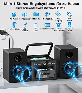 Стереосистема Greadio з CD-програвачем і касетним магнітофоном, динамік 40 Вт, Bluetooth 5.1, компактна з FM-радіо/USB/TF/AUX/дистанційним керуванням, HiFi музична система Чорний synthetic.ua - Фото 1