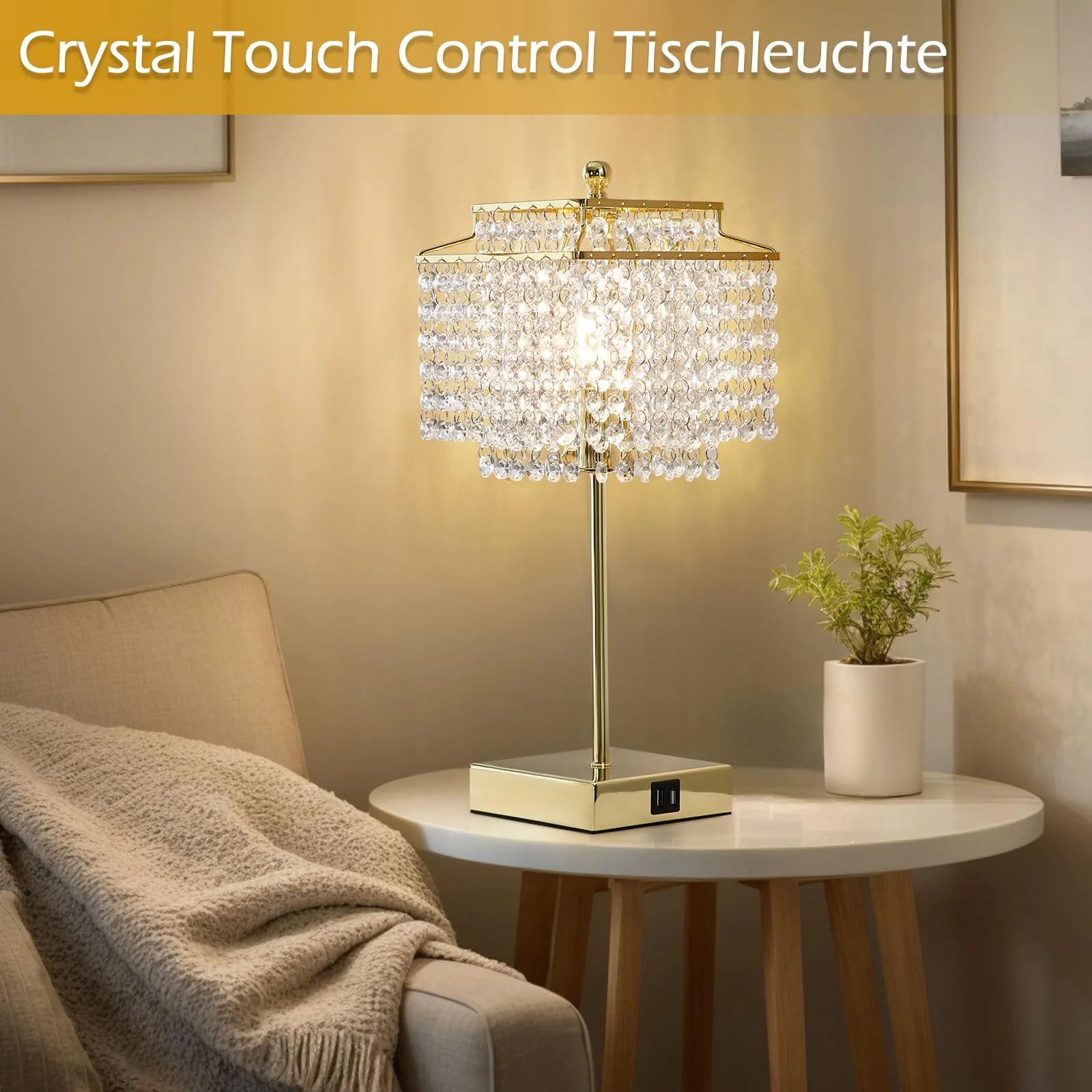 Настільна лампа GyroVu Crystal приліжкова сенсорна з функцією зарядки USB A+C та розетками Золотиста, фото №6