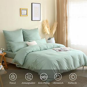 Постільна білизна SOULFUL Mako Satin 135 x 200 см, комплект з блискавкою, Oeko-Tex, включає 1 підковдру 135 x 200 см і 1 наволочку 80 x 80 см, туманно-зелений synthetic.ua - Фото 1