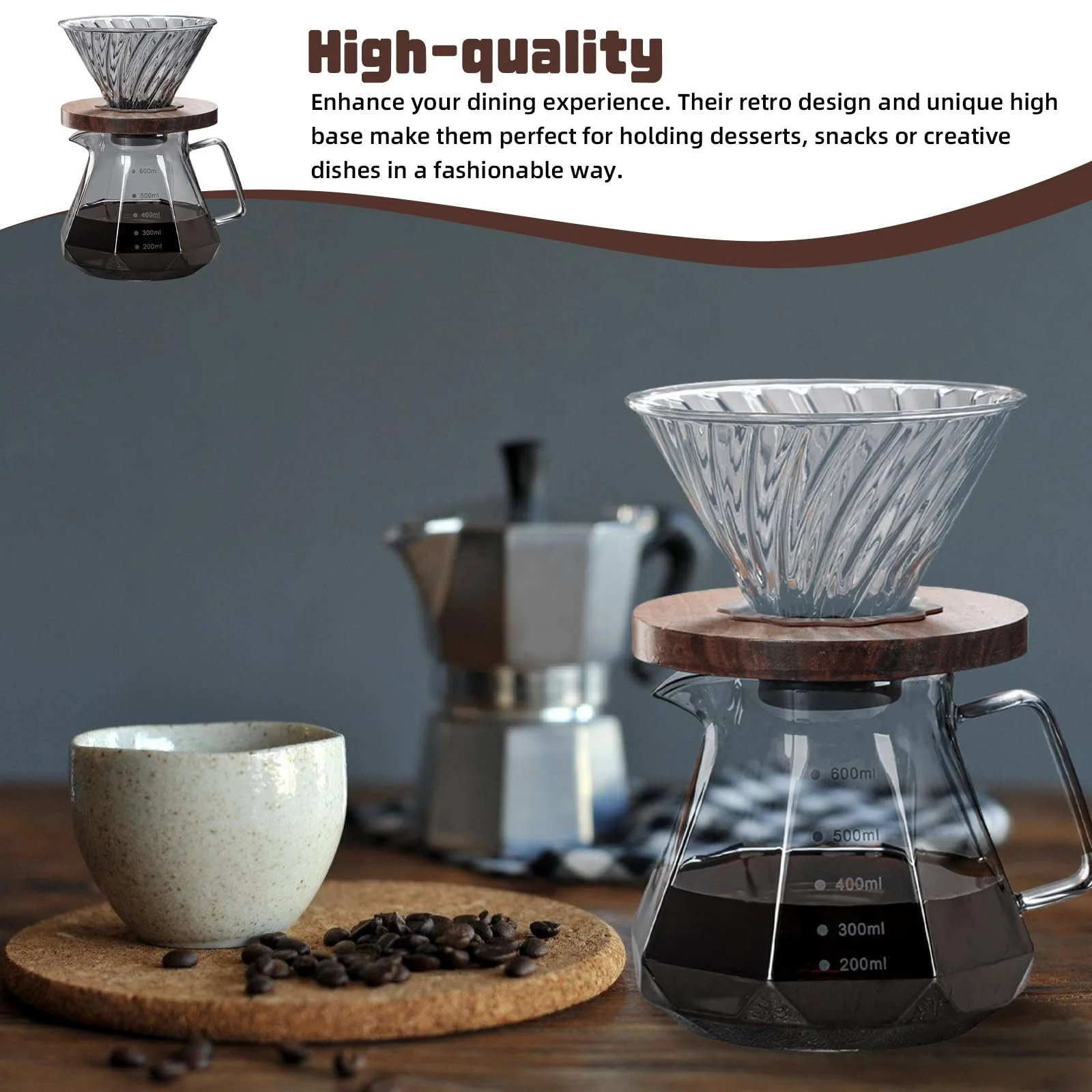 Кавник Pour Over Borosilicate Glass Jug 600 мл, з фільтром та 100 паперовими фільтрами, фото №3