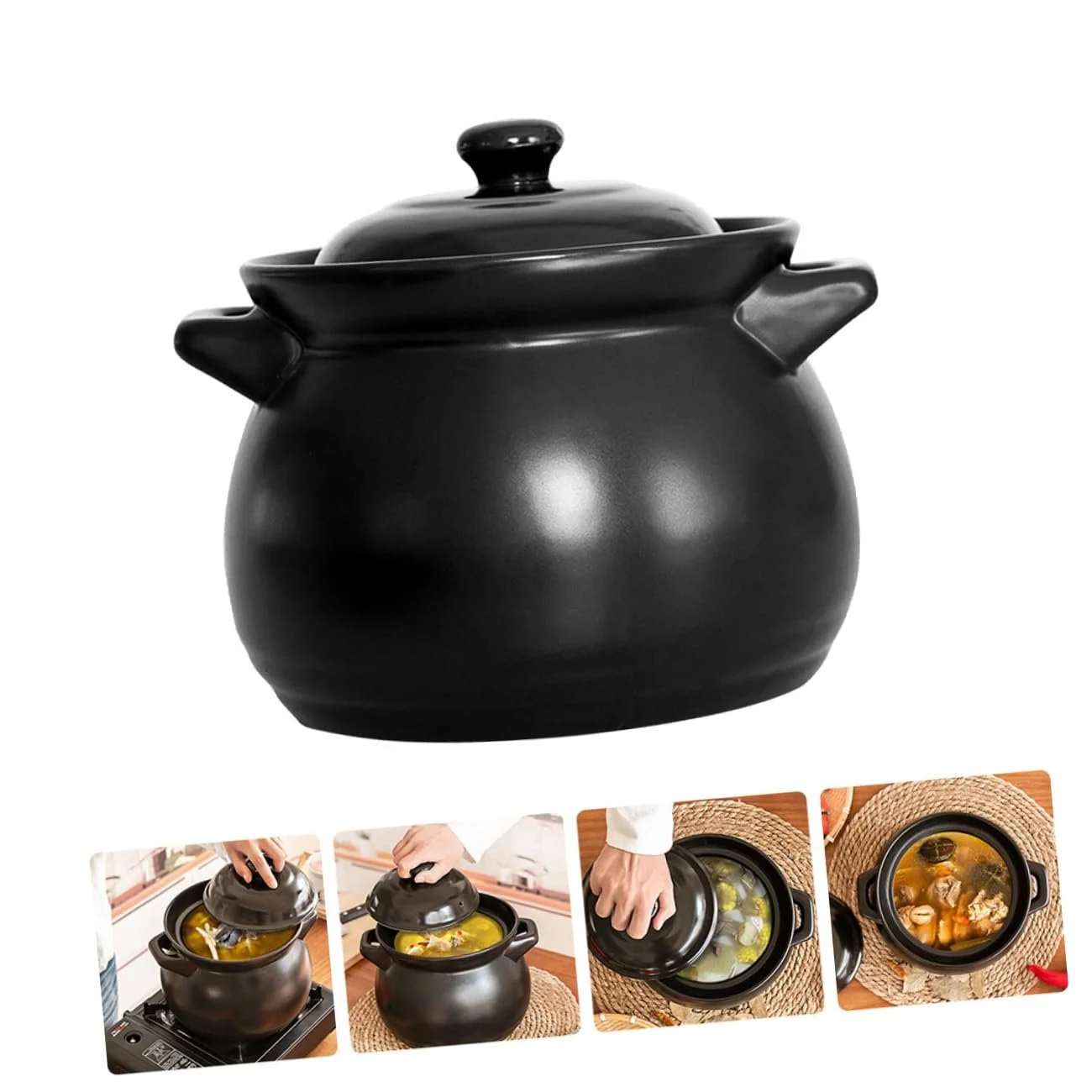 Кастрюля-жаровня керамическая с крышкой жаропрочная черная для газовых плит, фото №7