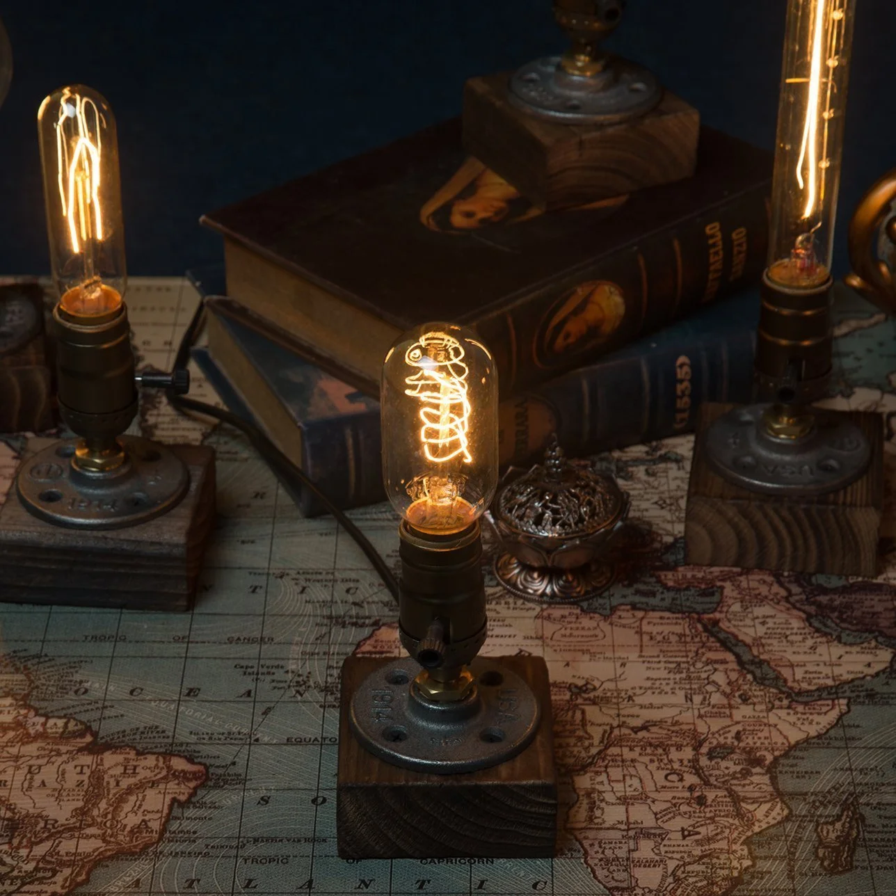 Настільна лампа дерев'яна вінтажна в індустріальному стилі E27 з димером Коричневий, фото №4