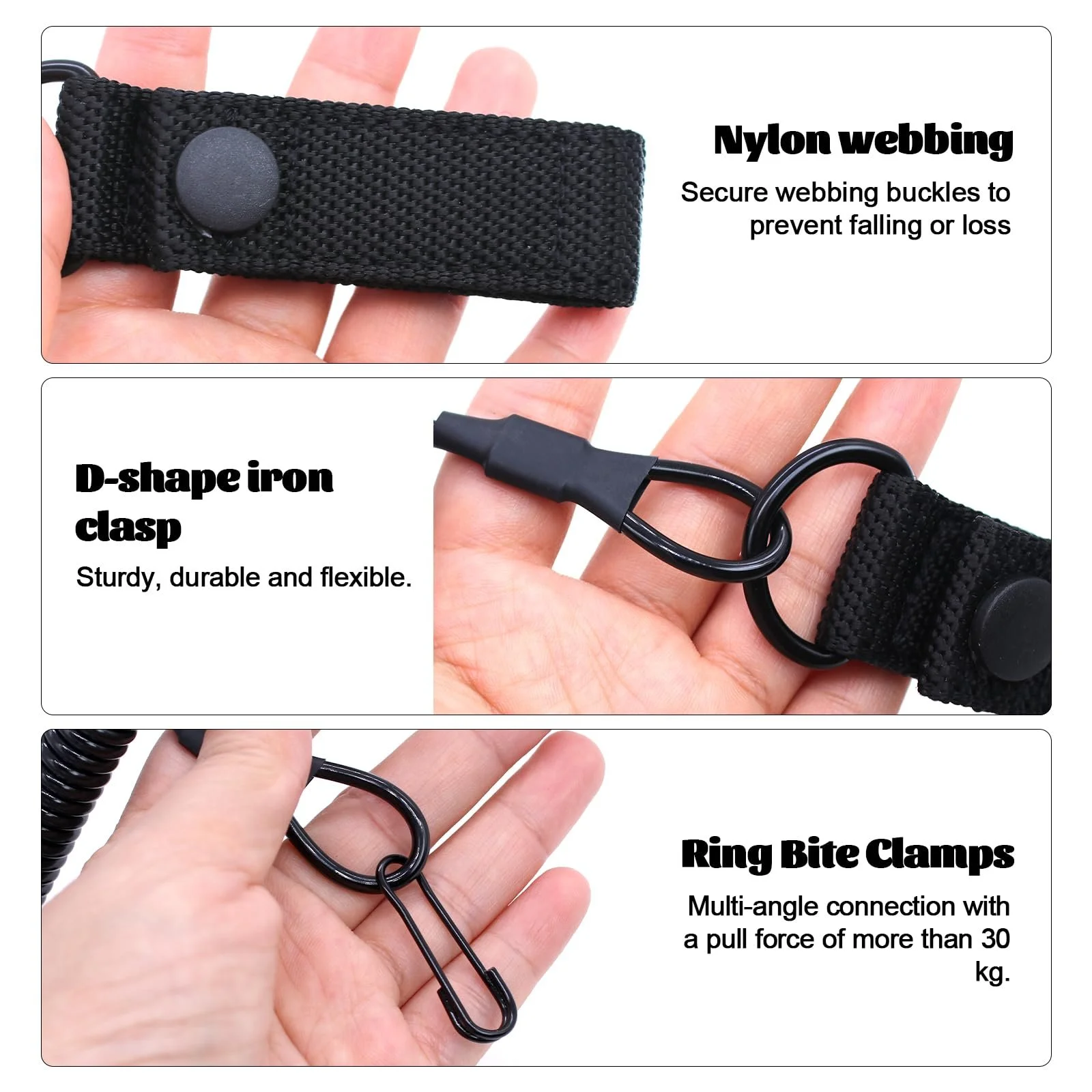 Шнурок тактический спиральный ZHIYUQL® Pack of 3 с карабином, черный, 125 см, фото №3