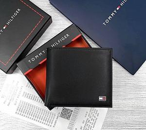 Мужской брендовый кошелек из натуральной кожи Tommy Hilfiger черный в подарочной коробке - Фото 1