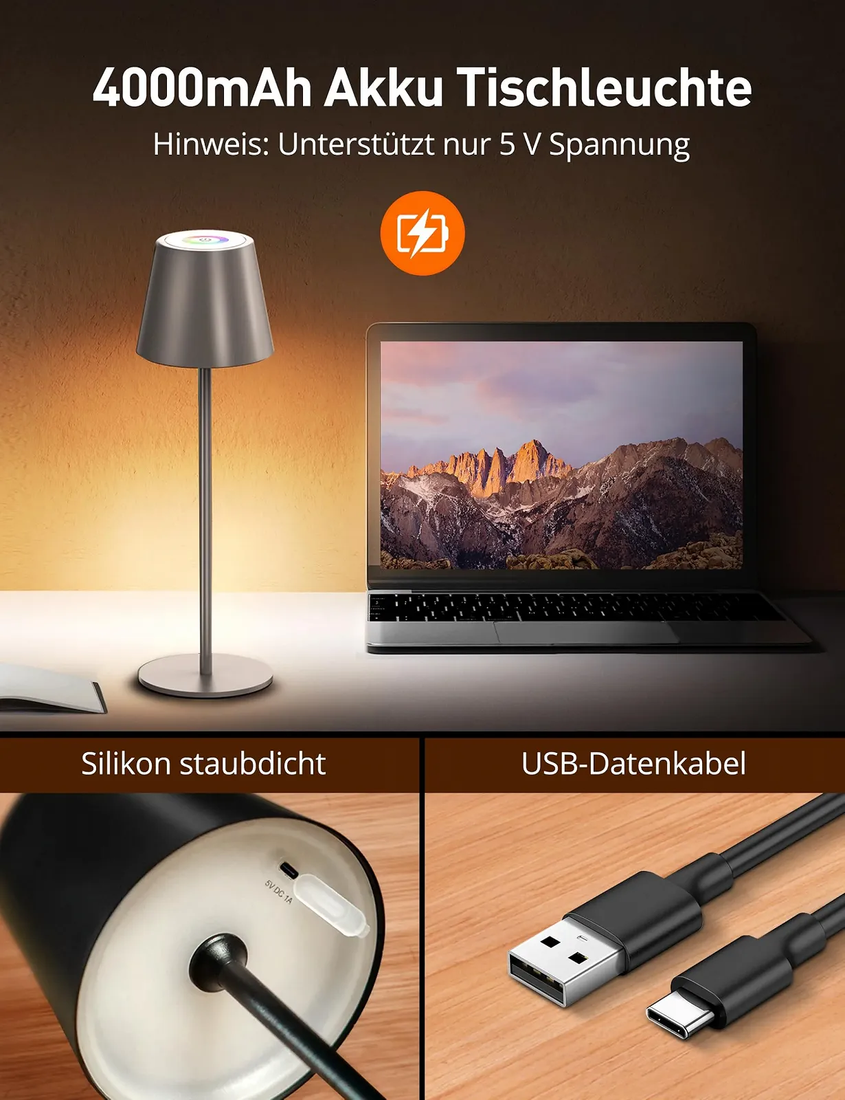 Світлодіодна настільна лампа Sympa бездротова вулична сенсорна RGB сіра, фото №4