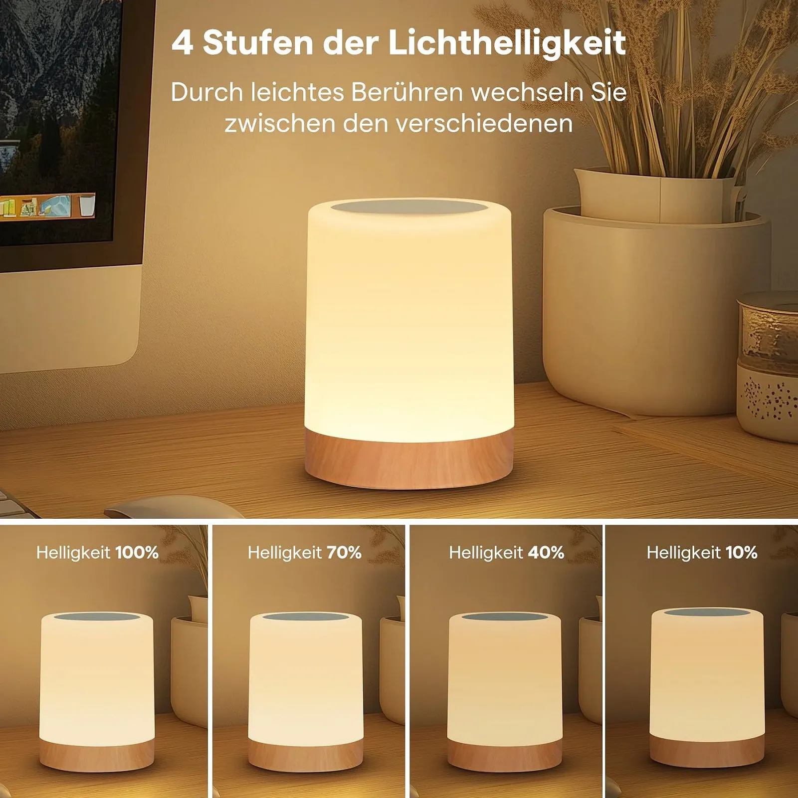 Приліжкова лампа LED Сенсорна Регульована яскравість Акумуляторна RGB 4 рівні яскравості 4 режими З гачком та функцією пам'яті, фото №2