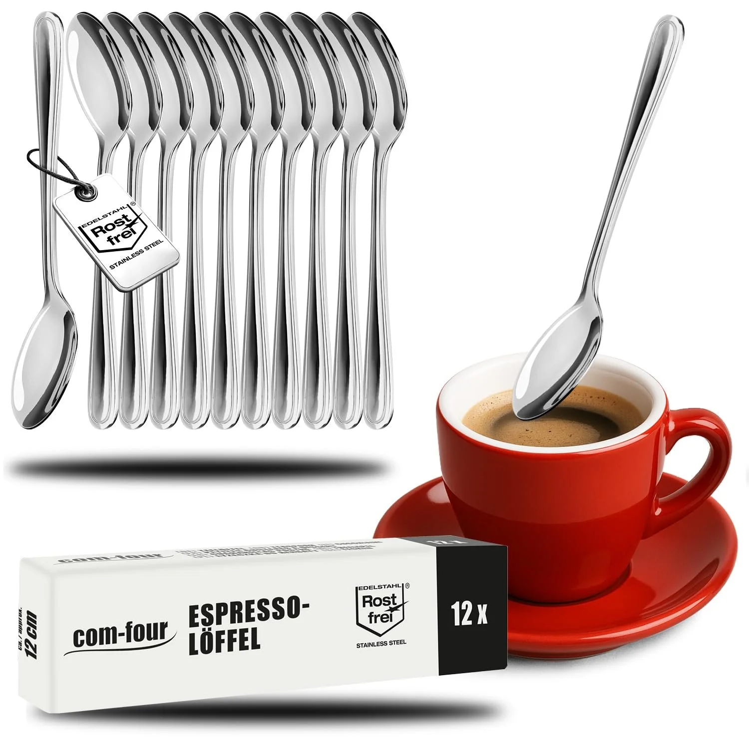 Ложка для еспресо COM-FOUR Нержавіюча сталь, 12 см, сріблястий колір (12 штук), фото №1