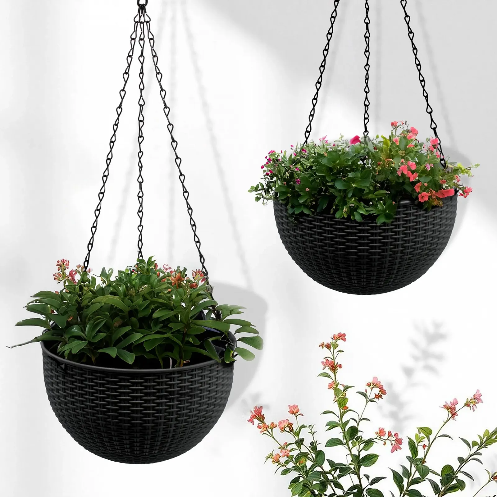 Набір підвісних кашпо (2 шт.) Плетене (під ротанг) 23 см Пластик З металевим ланцюгом Антрацит, фото №6 Набір підвісних кашпо (2 шт.) Плетене (під ротанг) 23 см Пластик З металевим ланцюгом Антрацит, фото №6