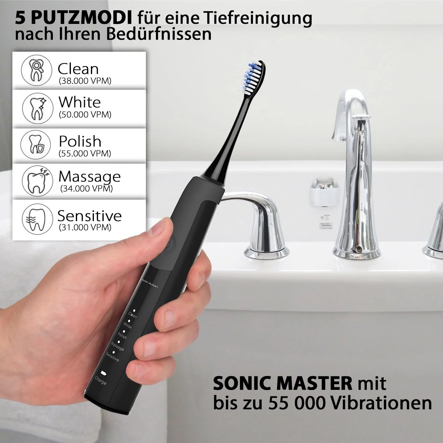 Электрическая звуковая зубная щетка Tristan Auron Sonic 55000 колебаний 5 режимов 60 дней работы Black, фото №3