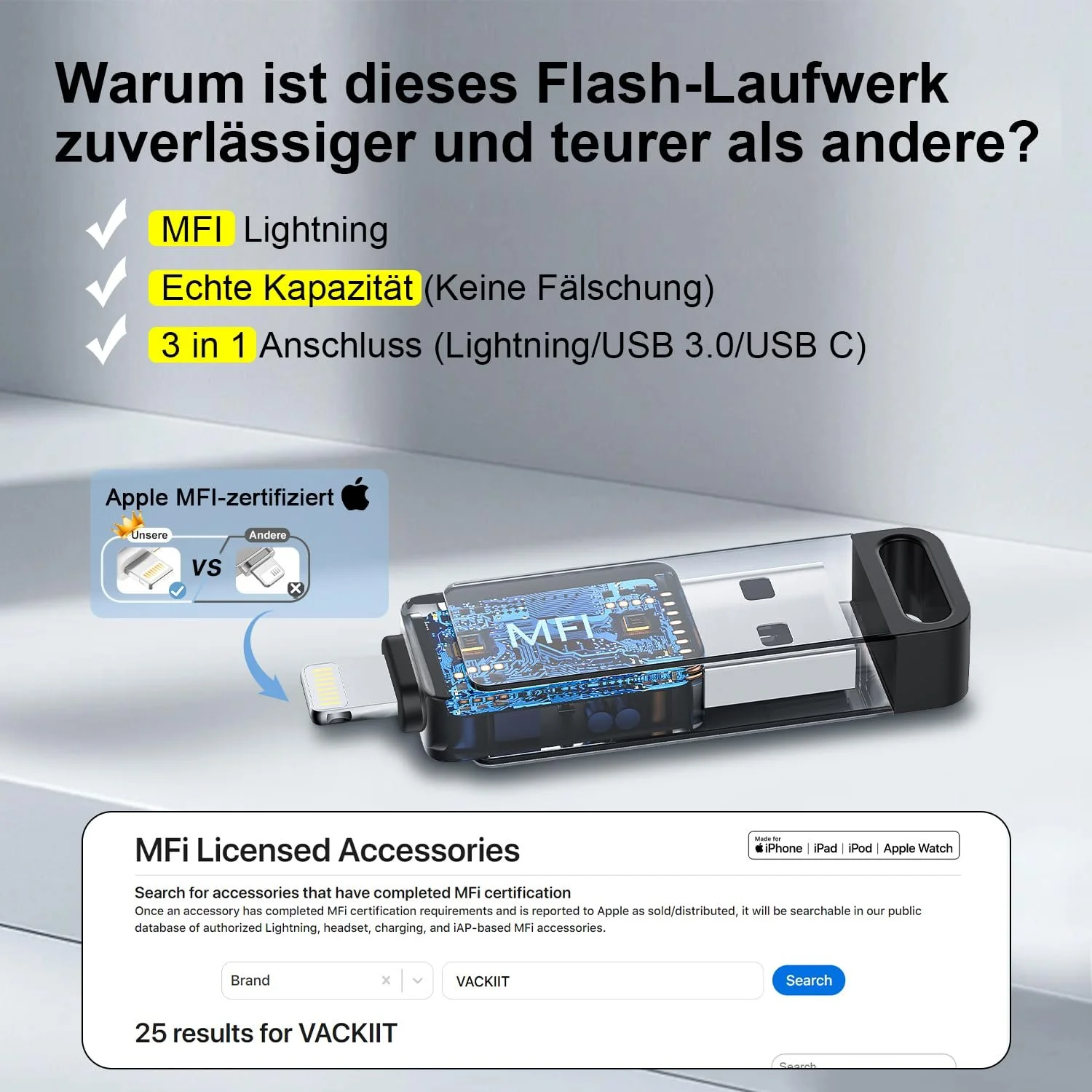 USB-флеш-накопичувач Apple Certified 3-in-1 128GB USB 3.0 MFi Lightning USB-C, фото №2 USB-флеш-накопичувач Apple Certified 3-in-1 128GB USB 3.0 MFi Lightning USB-C, фото №2