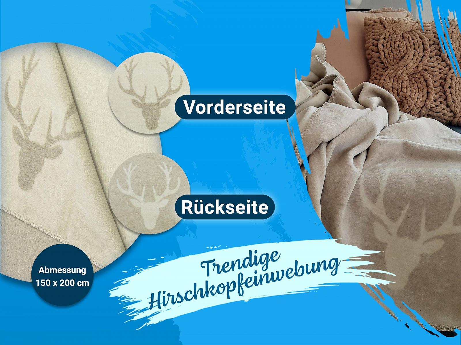 Одеяло ZOLLNER Мягкое 150 x 200 см - Пушистое и Мягкое Двустороннее Одеяло в Двух Простых Цветах - Модный Узор с Головой Оленя в Бежевом Цвете - Смешанная Ткань, фото №4