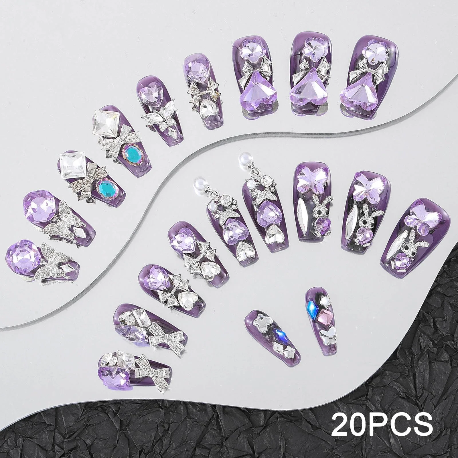 Накладные ногти Sethexy Длинные гробы с фиолетовыми стразами, 3D кристаллы, акрил, 20 шт (Q), фото №5