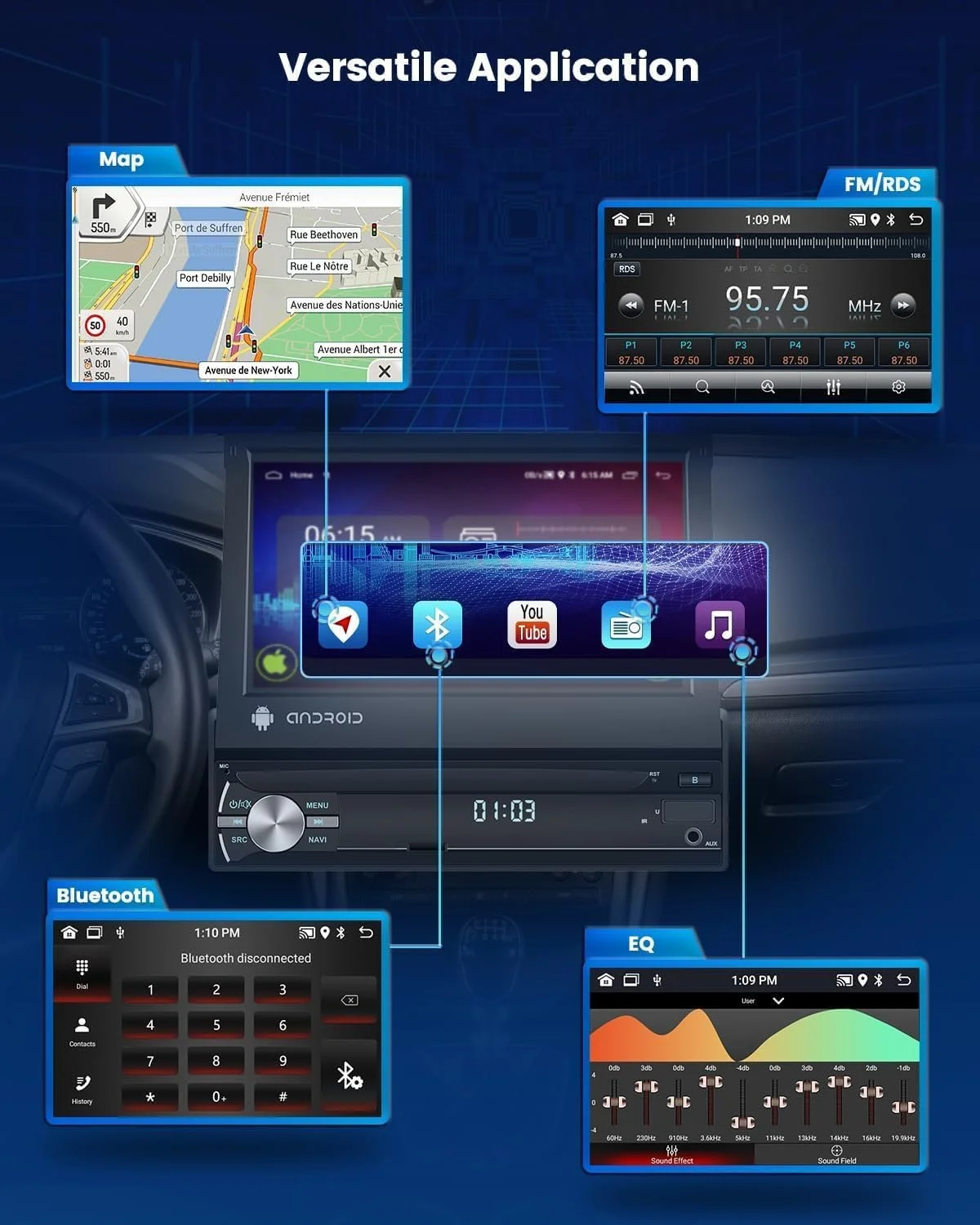 Автомагнитола Hikity / 7" / Сенсорная / 2/16Гб / Android 12 / Bluetooth / WI-FI / GPS / USB / AUX / 1DIN, фото №3