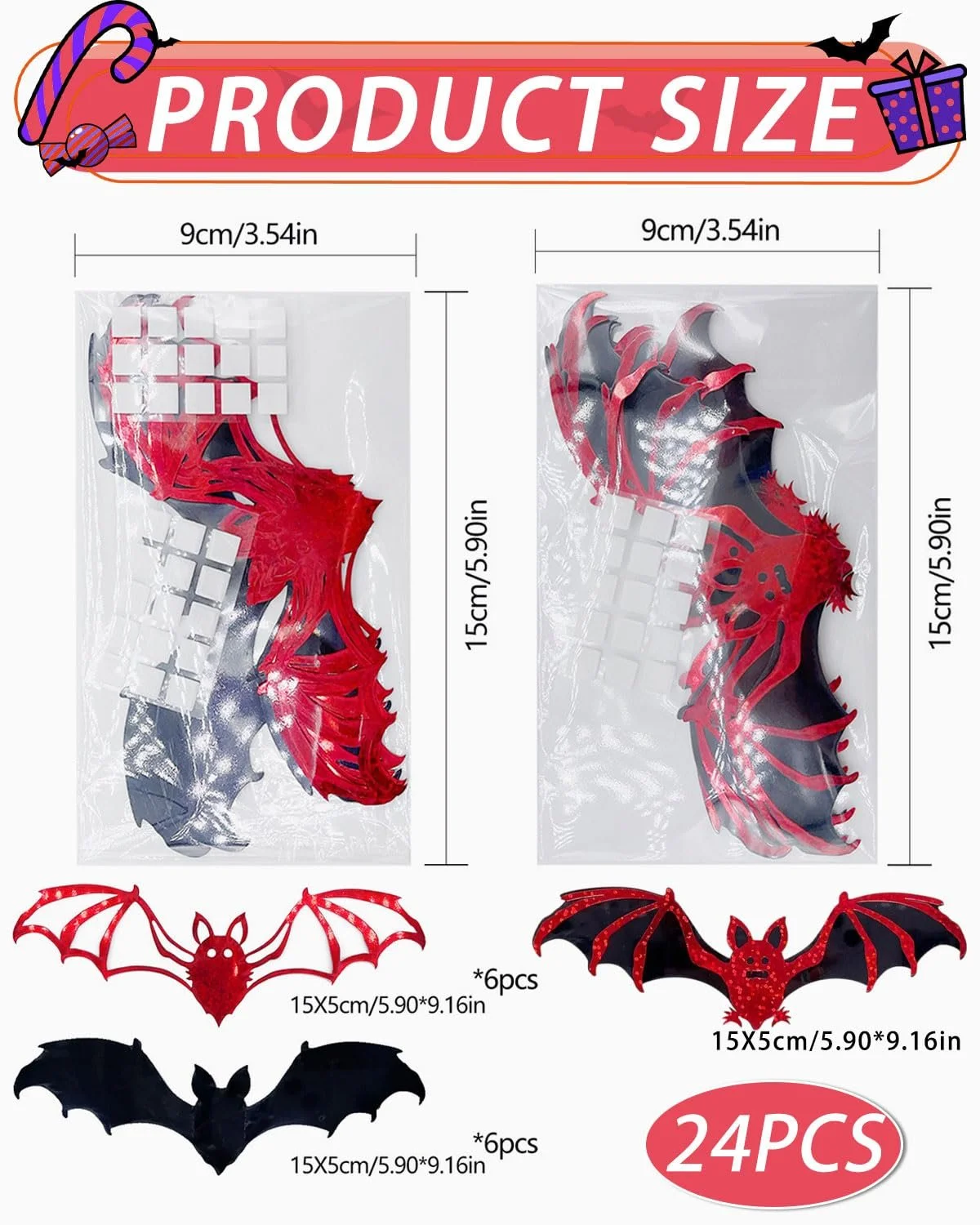 3D-наклейки на стіну Halloween Bats 24 шт. Чорний та Червоний, фото №2