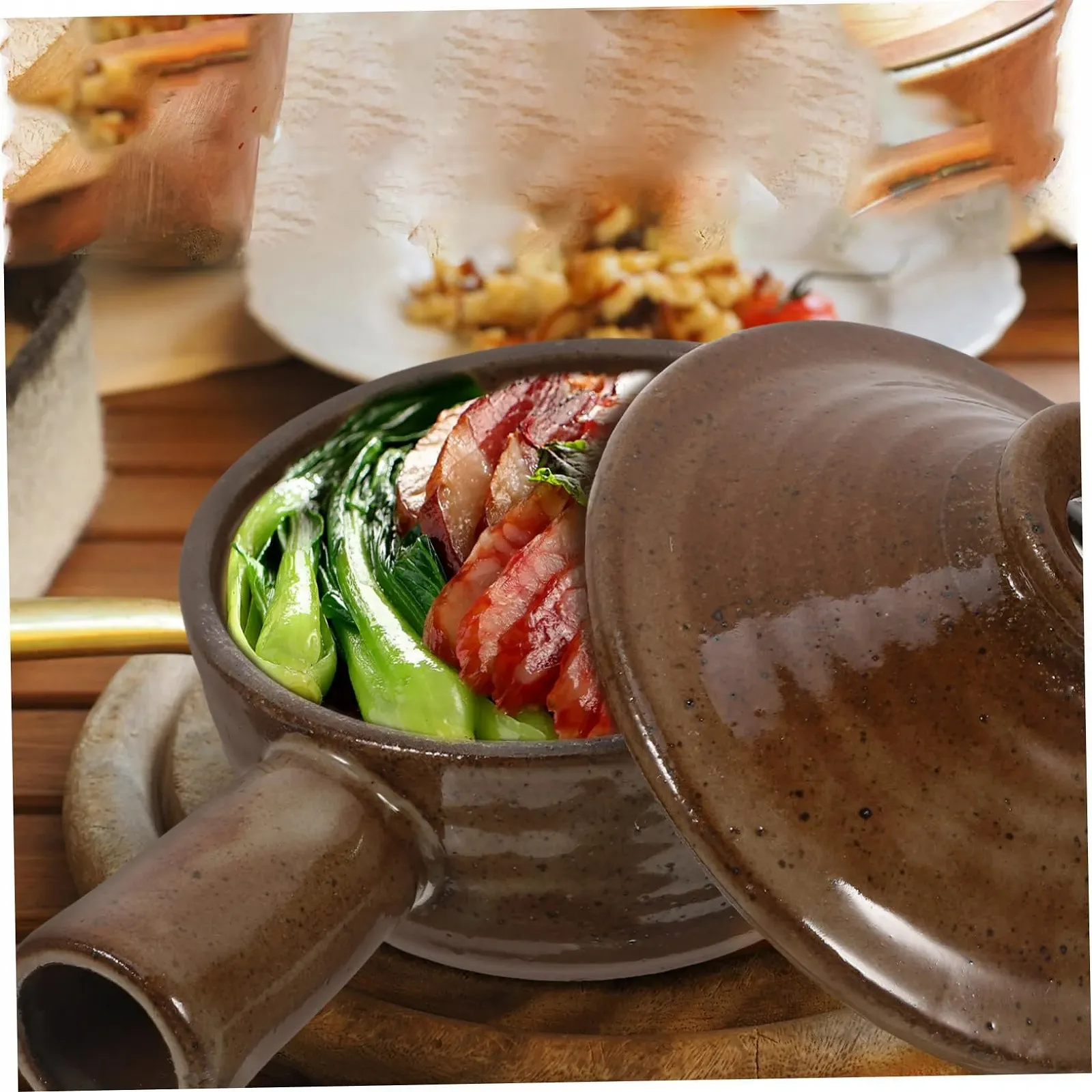 Кастрюля-кассероль керамическая глиняная с крышкой и ручками Антипригарная Коричневая, фото №4