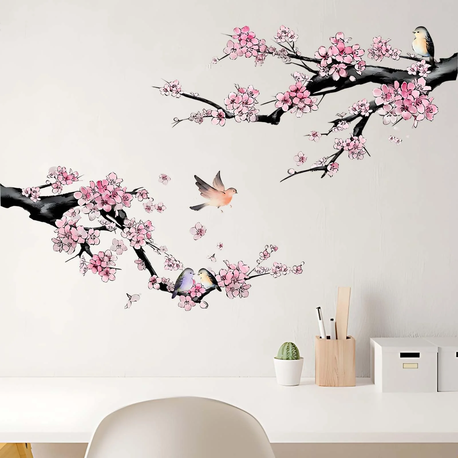 Наклейка на стіну 2 листи Гілка квітучого персика та птахи 60 x 30 см, фото №1
