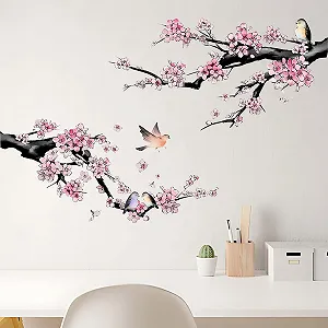 Наклейка на стіну 2 листи Гілка квітучого персика та птахи 60 x 30 см - Фото 1