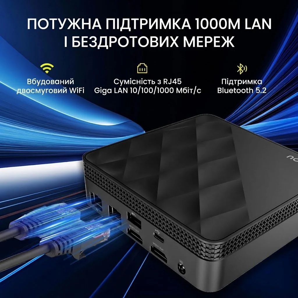 Міні ПК Azeyou / Intel N100 / RAM 16GB / SSD 512GB / 2 x HDMI / 2 x LAN / Wi-Fi 6 / Bluetooth 5.2 / Windows 11 / Чорний, фото №4