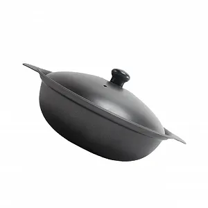 Кастрюля чугунная 18 см жаропрочная с крышкой желтая - Фото 1