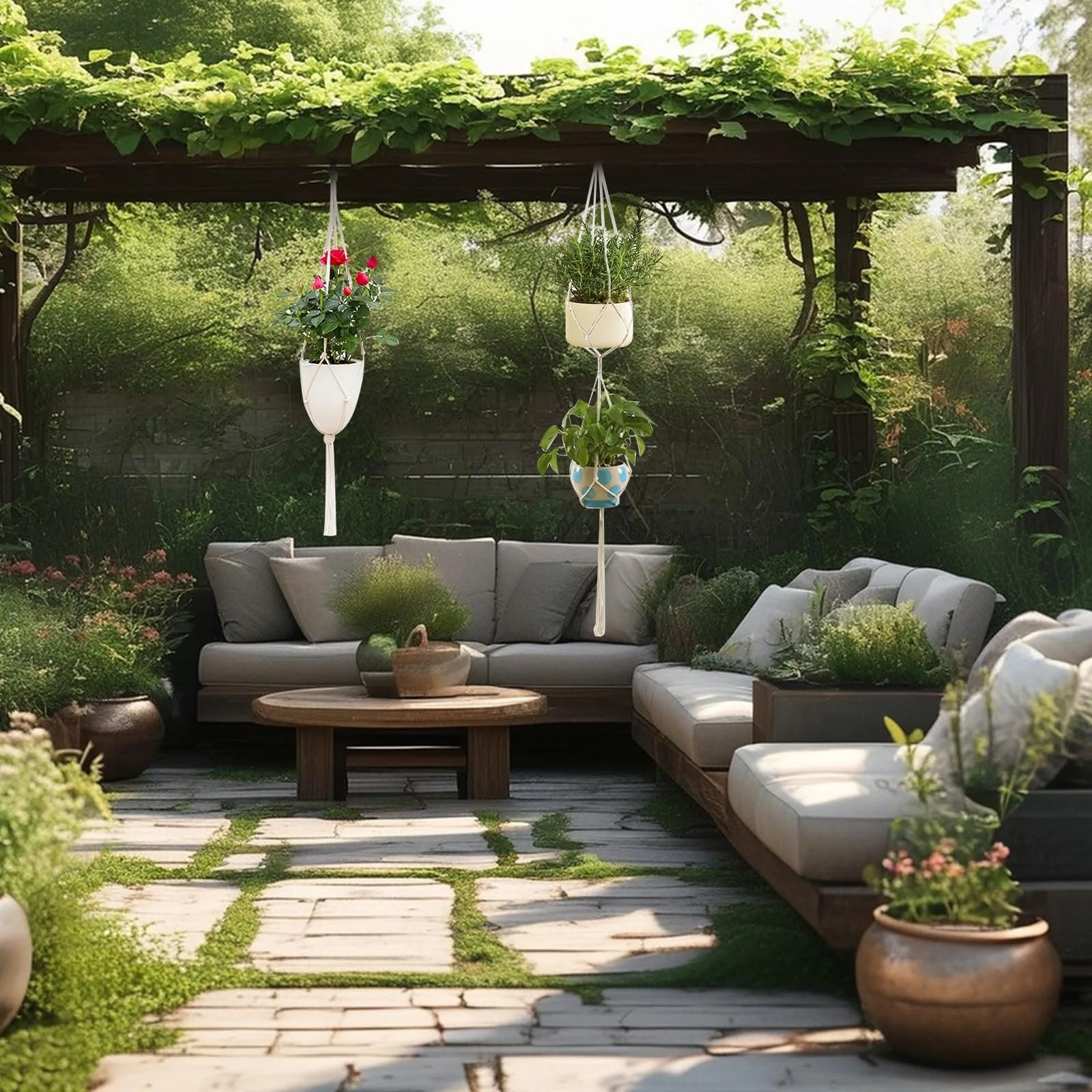 Кошик підвісний макраме Набір 2 шт. Бавовняна мотузка з гачками Білий, фото №5