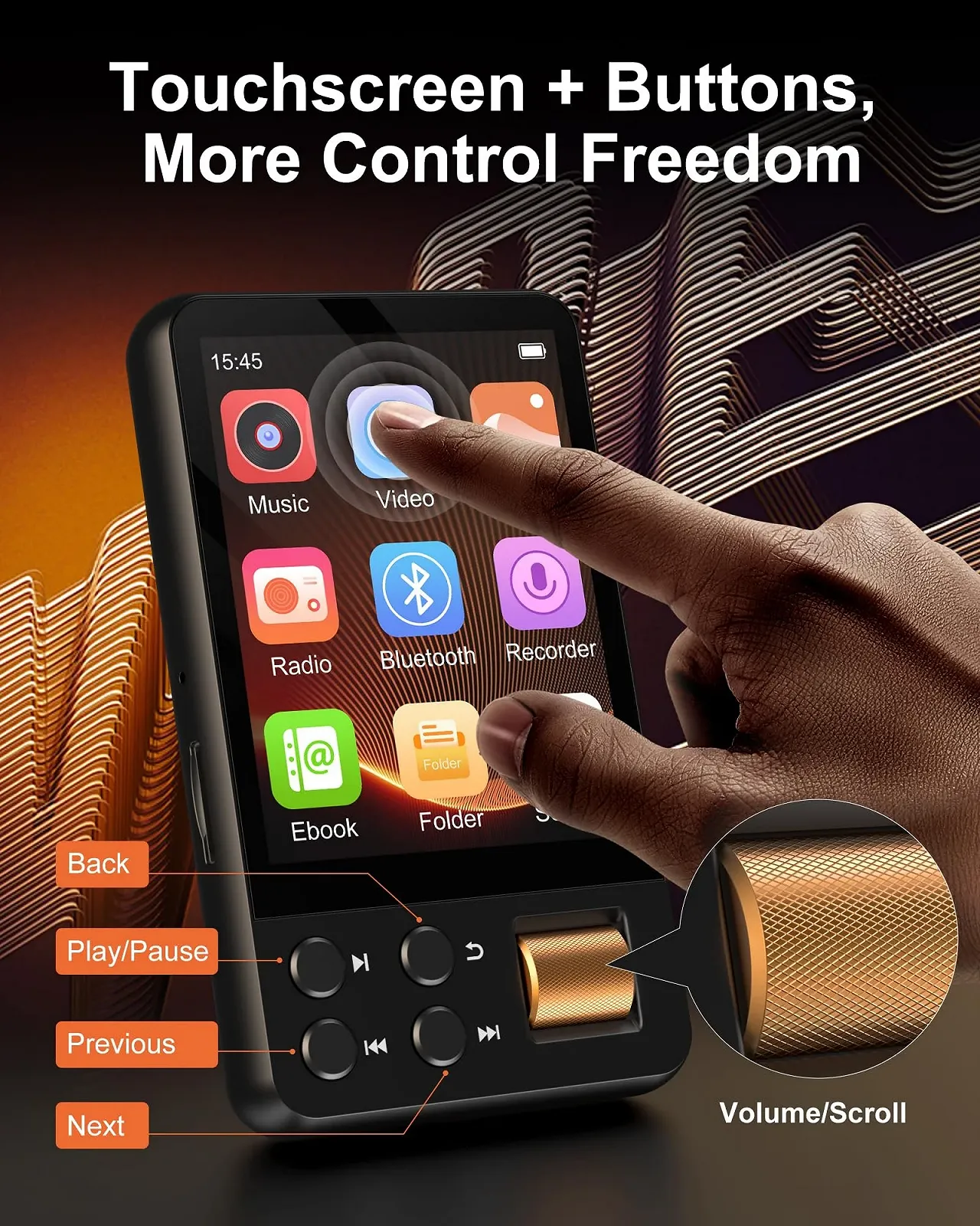 MP3-плеер AGXOV 128GB Bluetooth с наушниками, с 2.4-дюймовым сенсорным экраном, MP4-плеер с поддержкой Amazon Music, Deezer, FM-радио, диктофон, устройство для чтения электронных книг, фото №6