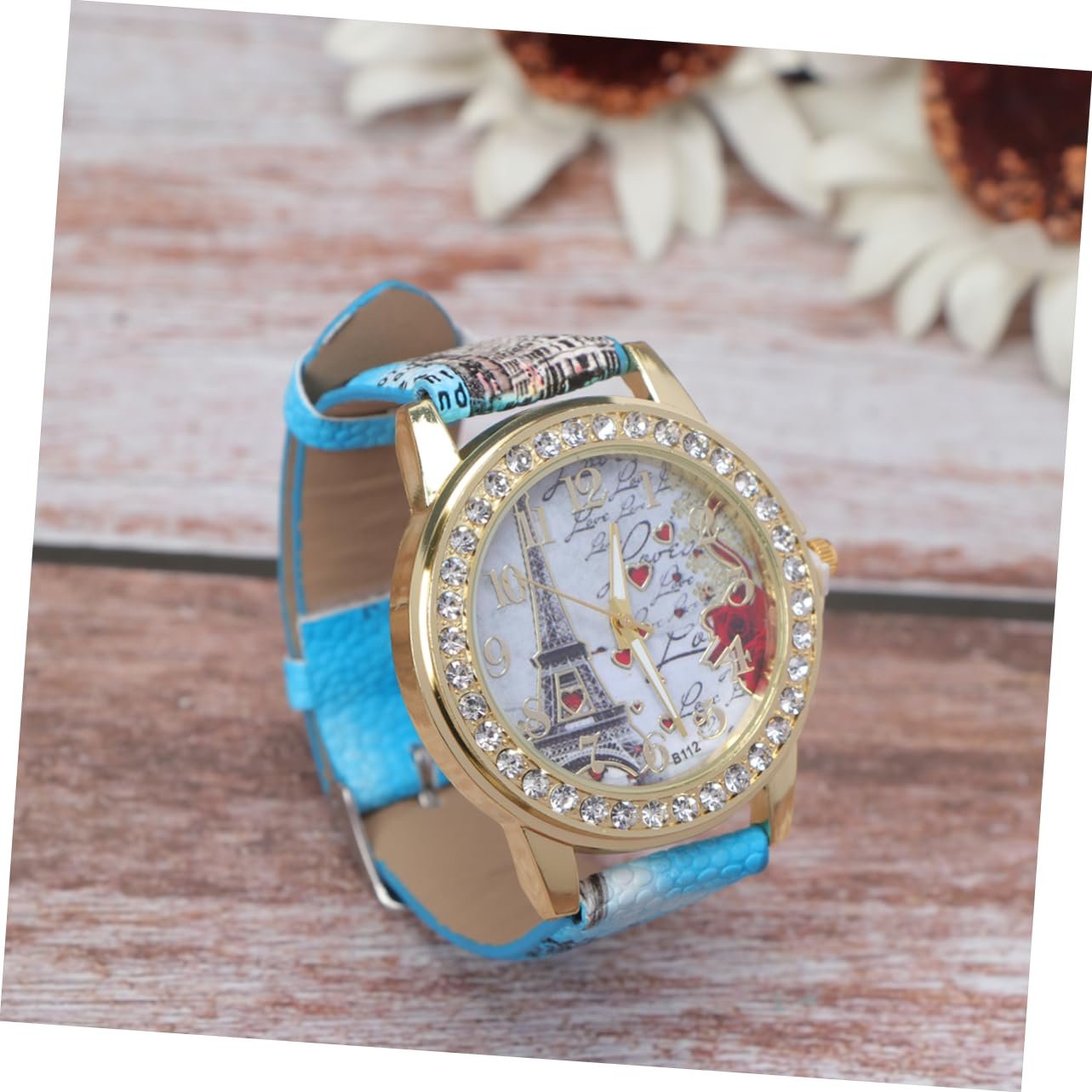 Женские часы PartyKindom с PU кожаным ремешком, регулируемыми стразами и мотивом сердца, аналоговые кварцевые часы, синий, фото №6